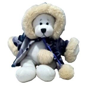 Polar Bear Teddy Bear 9'' Wearing Blue‎ & White Fur Lined Hooded Parka
